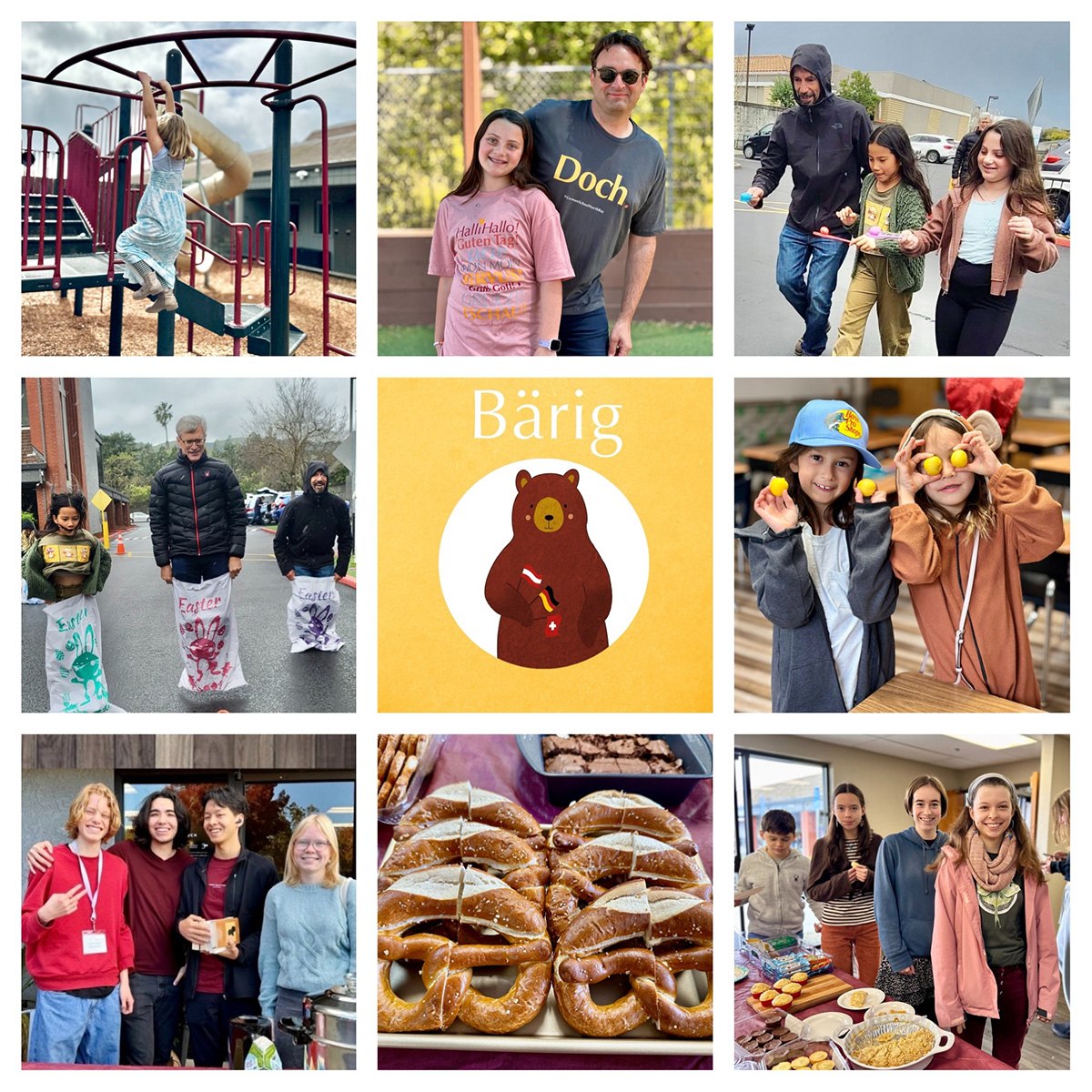 Nine image compliation includes students, pretzels, playground, and bear mascot.