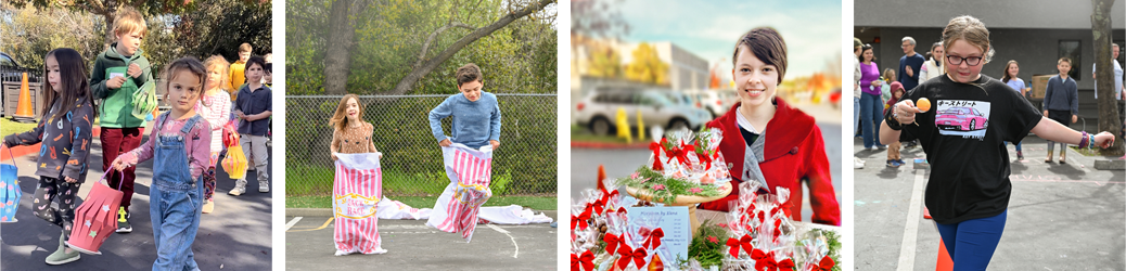 Four pictures of children in a parade, sack race, selling marzipan, and egg-spoon race.